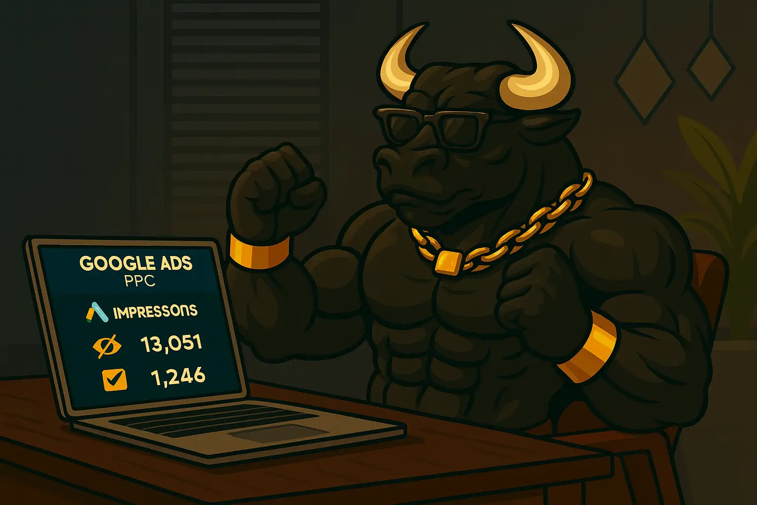 Animated bull with sunglasses and chain sitting at a desk with a laptop showing Google Ads PPC statistics.