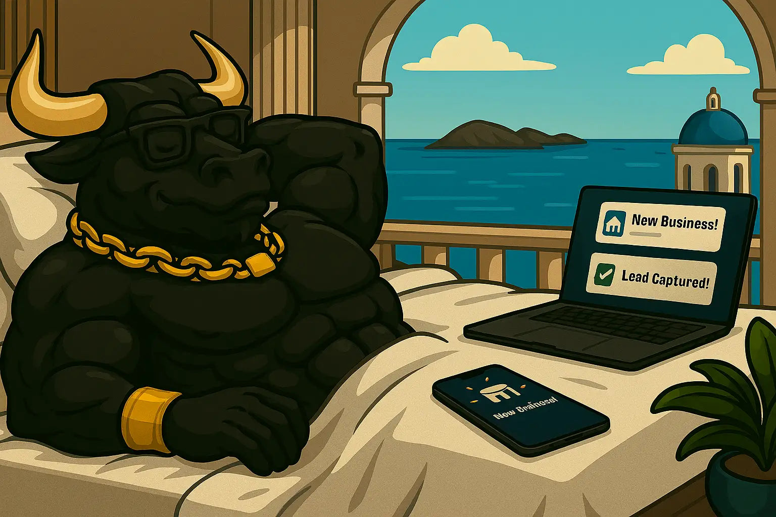 Black bull with a gold chain sitting on a balcony with ocean view, using a laptop and phone as he gets new business leads generated.