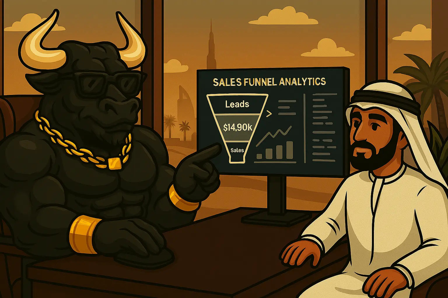 Animated bull and person in a room with a 'Sales Funnel Analytics' screen.