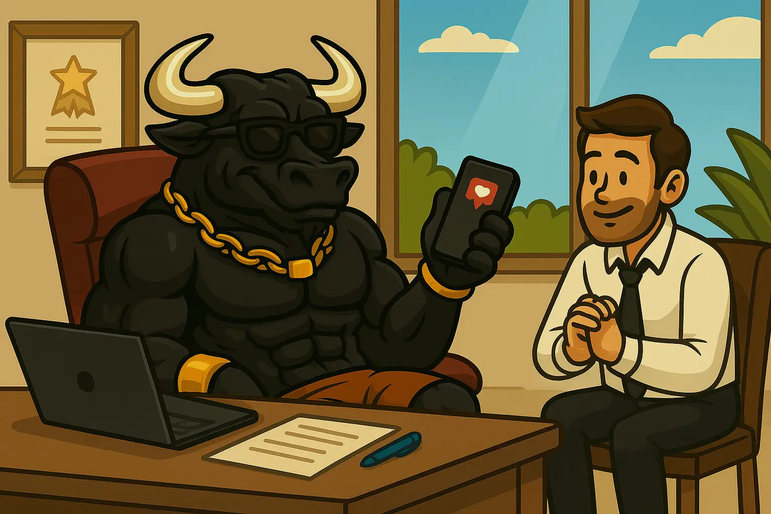 Animated bull and businessman in a modern office setting