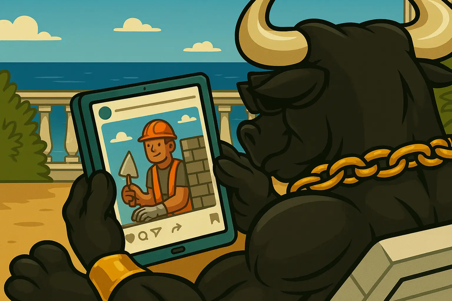 Cartoon bull holding a phone with a construction worker on the social media screen, set against a classical architecture background.
