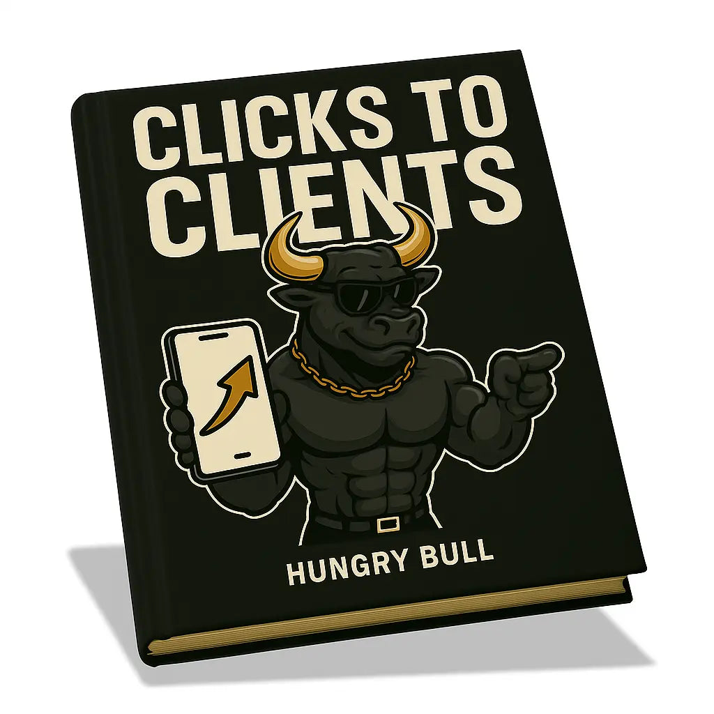 Book titled 'Clicks to Clients' with a bull holding a phone on the cover to promote the Hungry Bull Social Media Advertising service
