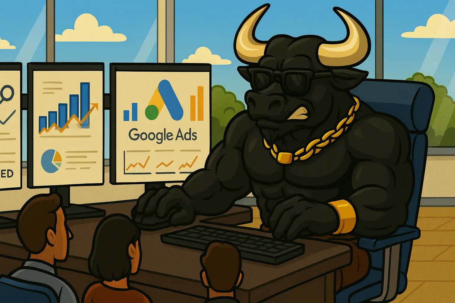 Cartoon bull in sunglasses at a desk with Google Ads on computer screens