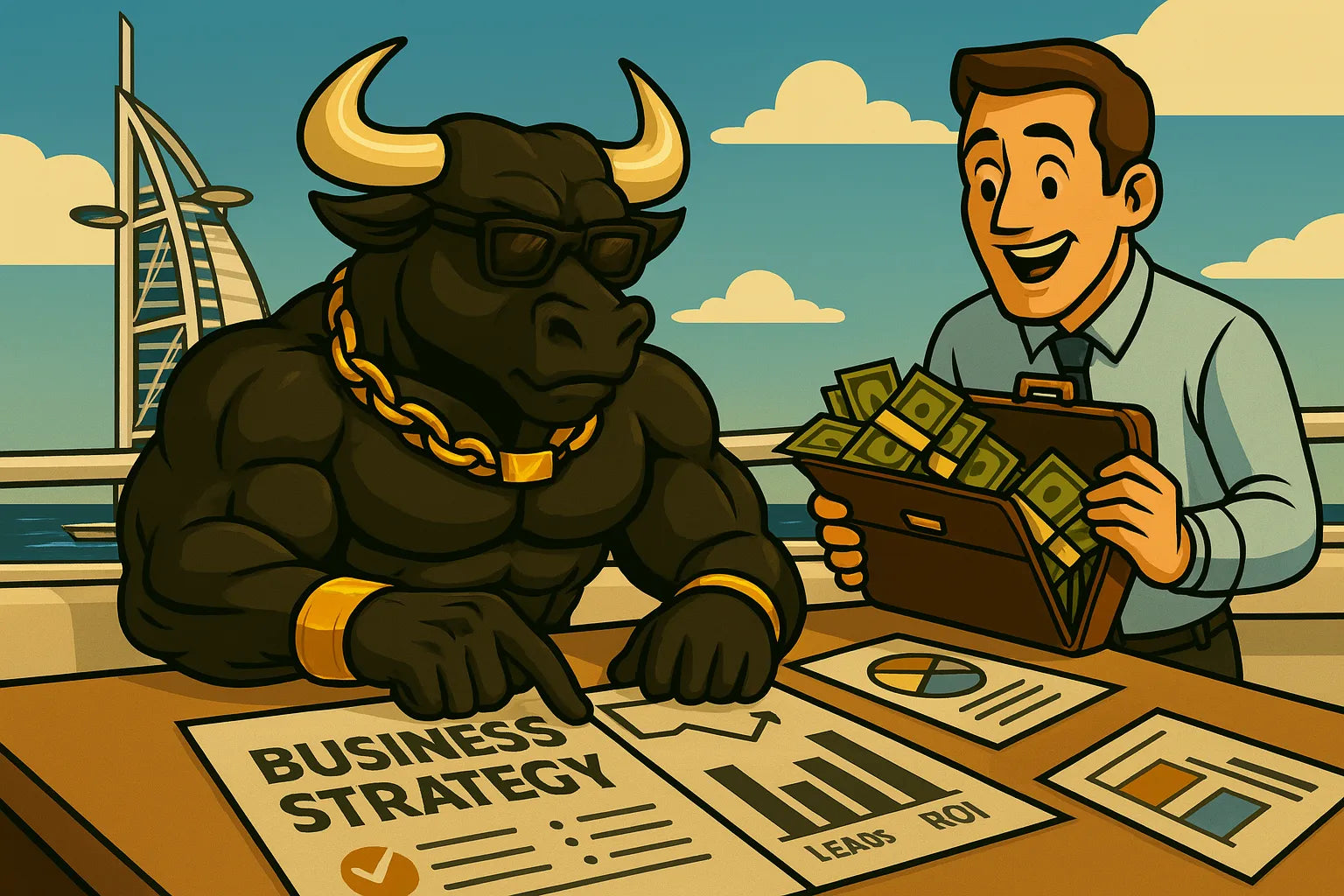Illustration of a bull and a businessman with money, set against a Dubai cityscape helping him with business strategy.