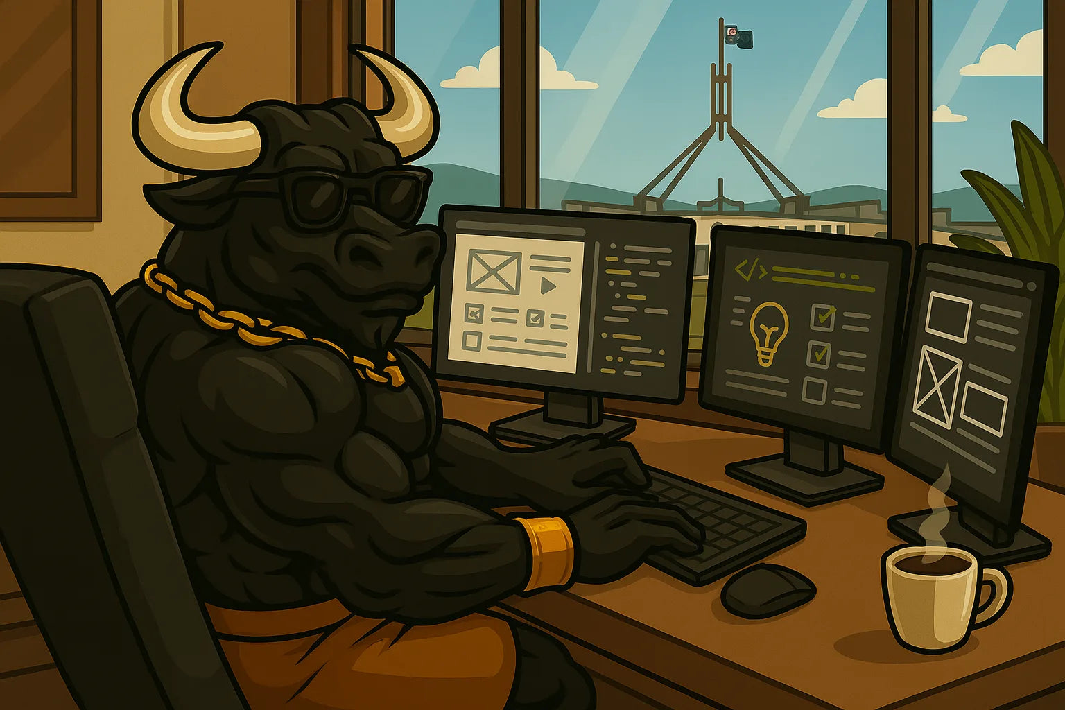 Animated Hungry Bull with sunglasses designing websites at a desk with multiple monitors with a view of the Parliament House in Canberra out of the window