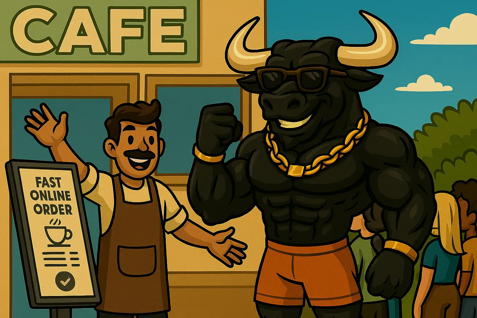 Cartoon Hungry Bull with sunglasses and a cafe worker in a comic book style. showcasing a new fast ordering system implementation.