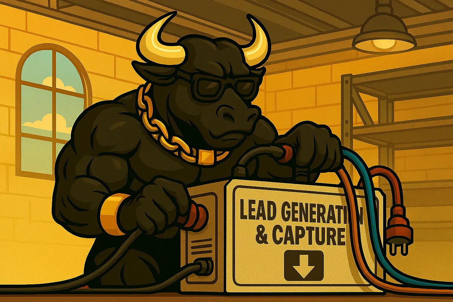 Cartoon bull with sunglasses and chains holding a box labeled 'Lead Generation & Capture' in a warehouse setting.