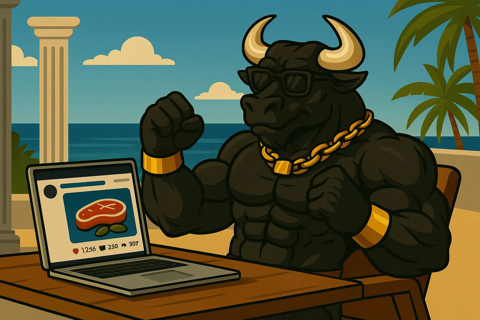 Cartoon bull with sunglasses and chain sitting at a table with a laptop by a beach doing social media advertising